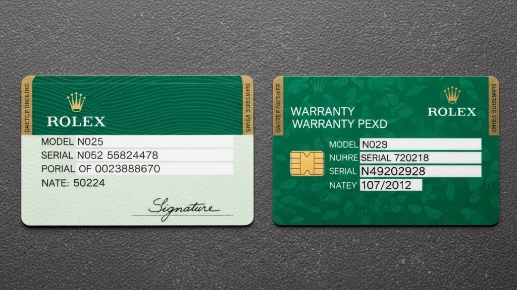 ロレックスの査定額に影響する、旧型の緑白保証書(左)と最新のグリーン保証書(右)の比較写真。