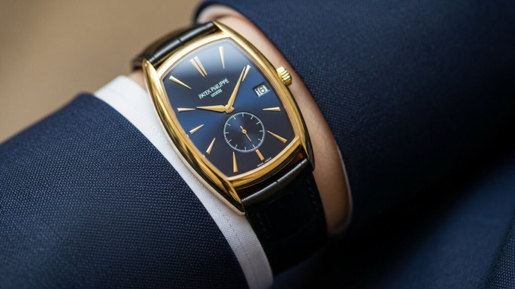 スーツの袖口にスッと収まるパテック フィリップ ゴールデン エリプスのクラシックなサイズ感
