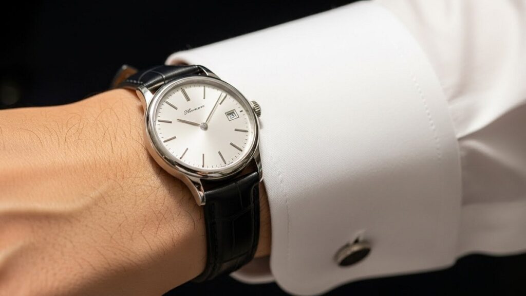 白いドレスシャツの袖口に完璧に収まる、33mm径の小ぶりでエレガントな高級時計を身につけた日本人男性の手元。