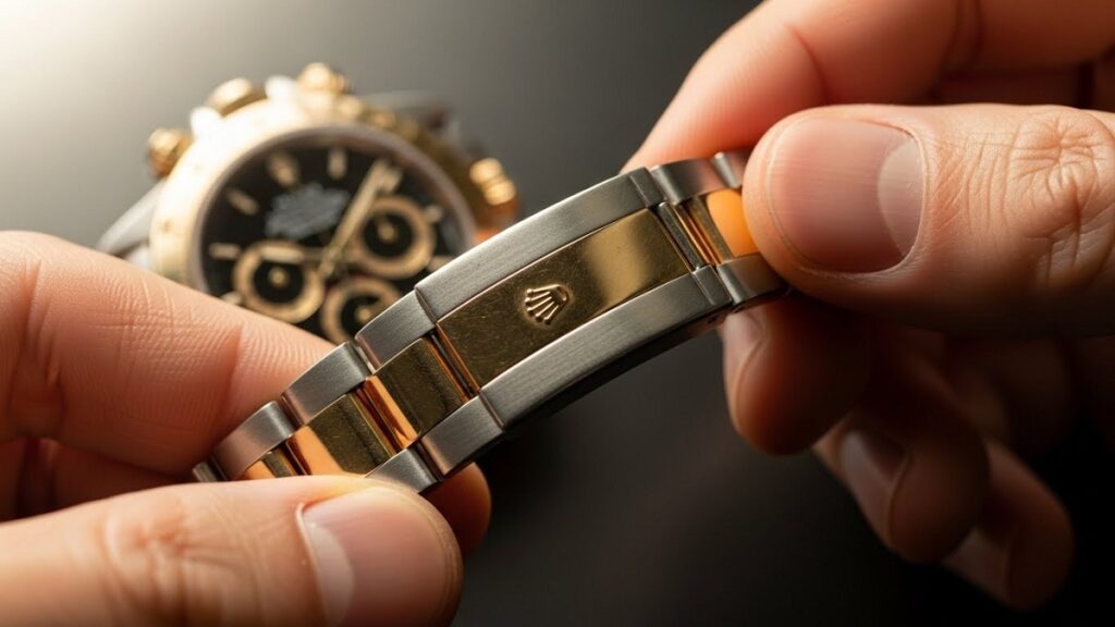 ロレックスデイトナRef.16523コンビモデルを手に持ちヴィンテージ特有のブレスレットの質感を確認する手元のクローズアップ