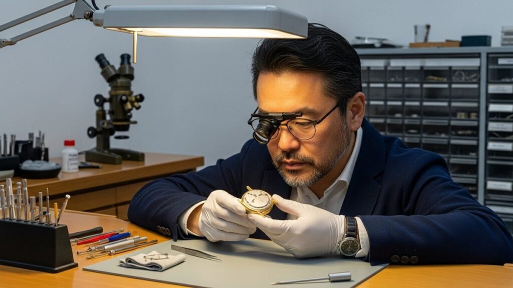 ルーペを使用して中古パテック フィリップの真贋鑑定を行う日本人の専門家