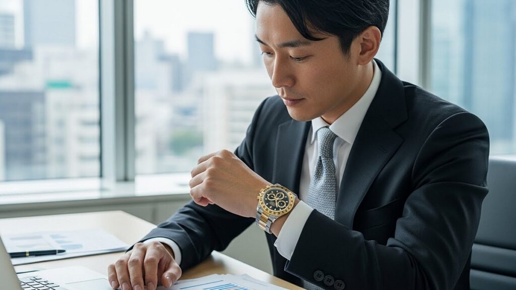 ビジネススーツ姿の日本人男性が黒文字盤のロレックスデイトナRef.116523コンビモデルを着用しているオフィスシーン