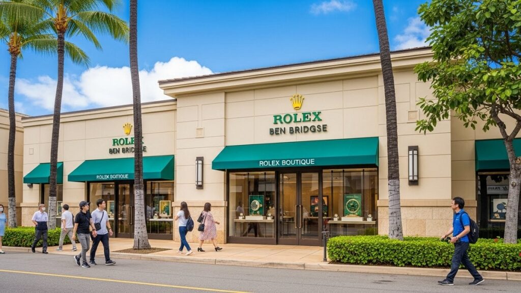 ハワイ・ホノルルのアラモアナセンターにあるロレックス ブティック ベン・ブリッジの外観。青空の下、ヤシの木に囲まれた店舗の前を日本人観光客が歩いている様子。