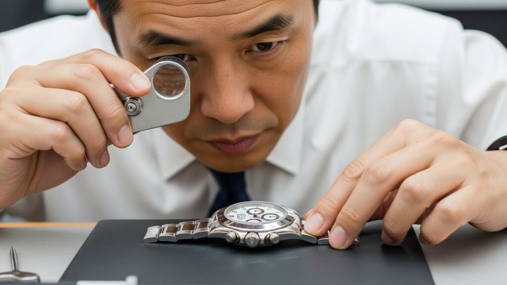 ロレックスデイトナの中古個体のケースラグ部分の研磨状態や傷をルーペを使って入念にチェックする日本人鑑定士