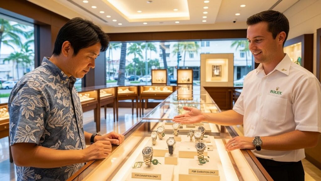 ハワイのロレックス正規店のショーケース。「For Exhibition Only」のプレートが添えられた時計を、日本人男性客が眺めている様子。販売員が笑顔で対応している。
