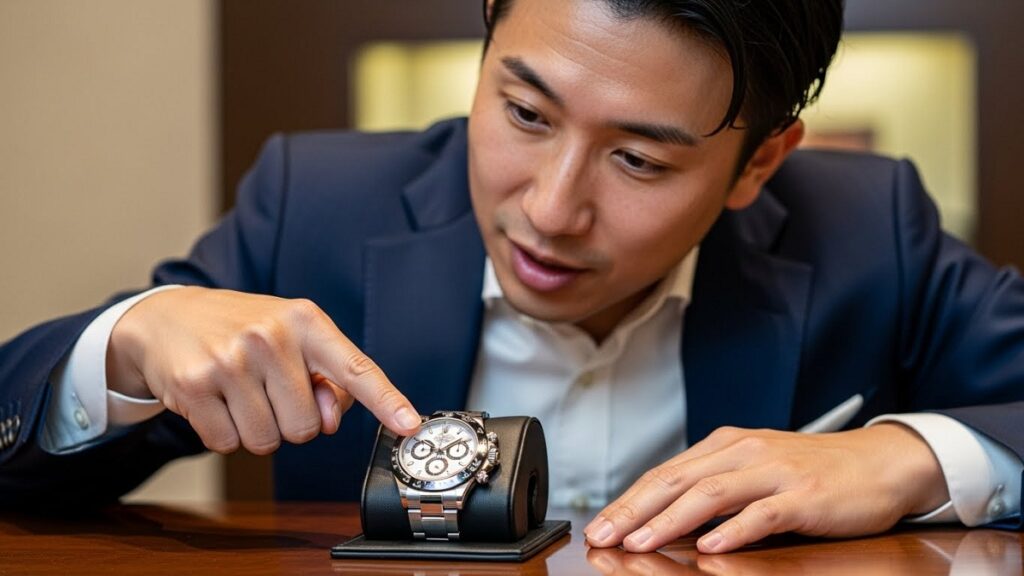 日本人男性がロレックスデイトナの文字盤を指差し、中央のクロノグラフ秒針が止まっている状態と、インダイヤルのスモールセコンドが動いている様子を比較しながら説明している様子