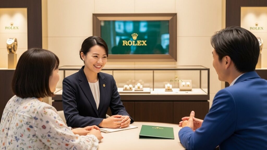 アラモアナセンター内のロレックス ブティック ベン・ブリッジの内観。日本人販売員が日本人の夫婦と商談テーブルで笑顔で話している様子。