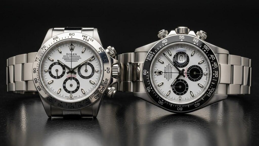 ロレックスデイトナの異なる世代のモデル2本を並べ、Ref.16520の9時位置にあるスモールセコンドと、Ref.116520以降の6時位置にあるスモールセコンドの位置の違いを強調した比較写真