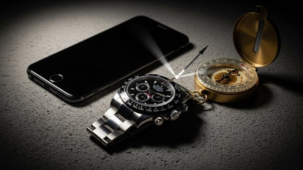 ロレックスデイトナの横にスマートフォンと方位磁石を置き、方位磁石の針が時計の方を向いて大きく振れている様子を示す、磁気帯びチェックの実験写真
