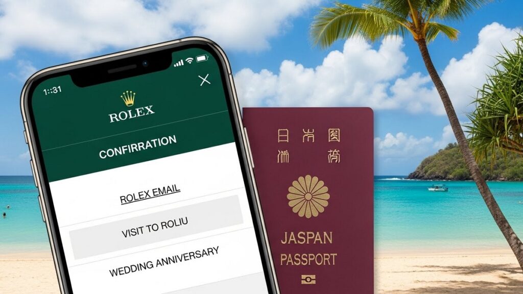 スマートフォンの画面に表示された、ハワイのロレックスブティック来店予約確認メール。「Wedding Anniversary」の文字が見える。横には日本のパスポートが置かれ、背景はハワイのビーチ。