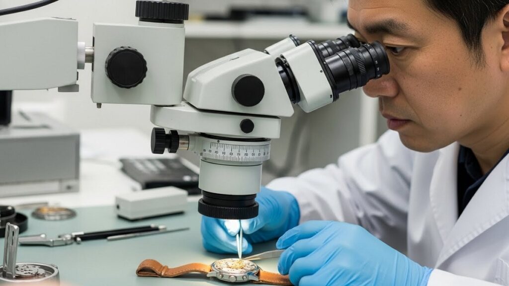 パテック フィリップ キュビタス Ref. 5822Pの複雑なムーブメントが、薄型ケースに収まっている様子を示す断面図と、その部品を顕微鏡で検査する日本人技術者