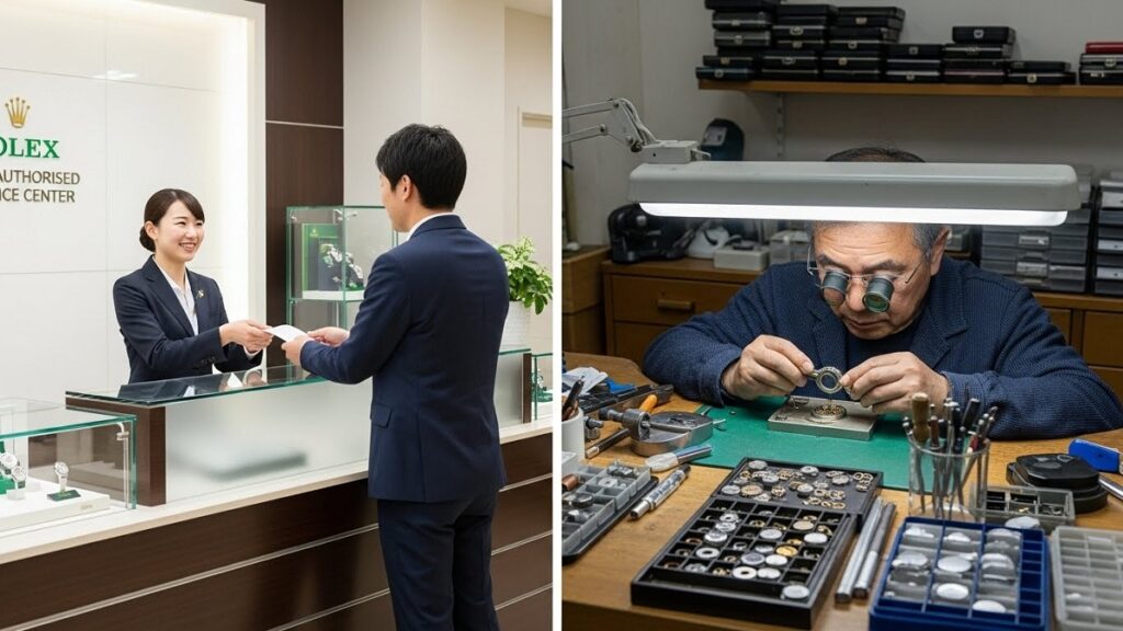 日本ロレックスの正規サービスセンターの受付カウンターと、信頼できる民間の時計修理工房の作業風景を対比させた写真。それぞれの場所で日本人のスタッフが顧客に対応したり作業したりしている
