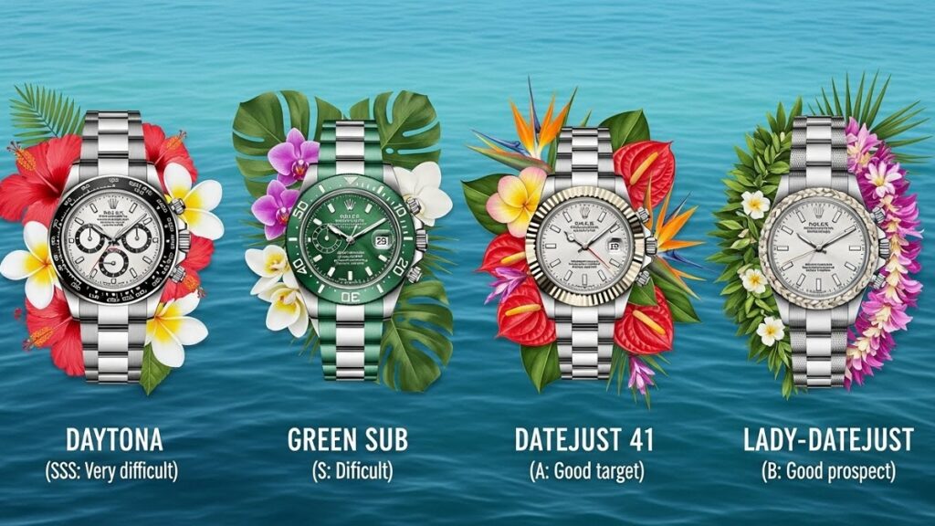 ロレックスのモデル別入手難易度を示すインフォグラフィック。左からデイトナ（SSS:激ムズ）、グリーンサブ（S:困難）、デイトジャスト41（A:狙い目）、レディデイトジャスト（B:有望）が並び、ハワイの花が飾られている。