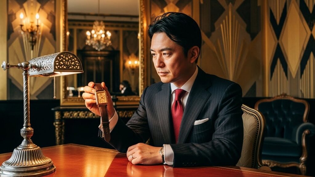 アール・デコ様式の豪華な部屋で、クラシックなスーツを着た日本人男性がヴィンテージのパテック フィリップ ゴンドーロを眺めている様子