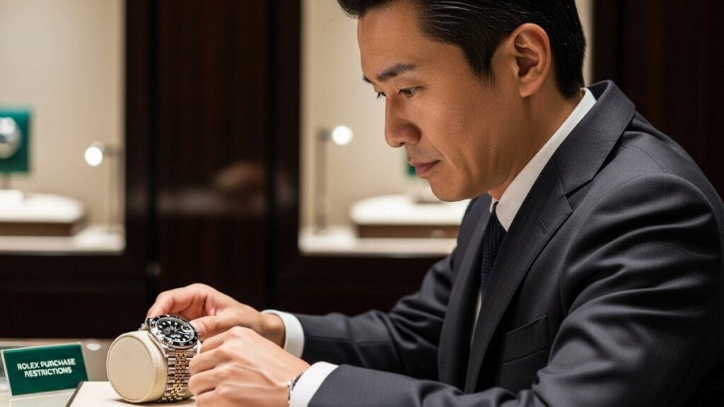 購入制限ルールを考慮し慎重に一本の時計を選定している日本人男性の真剣な横顔