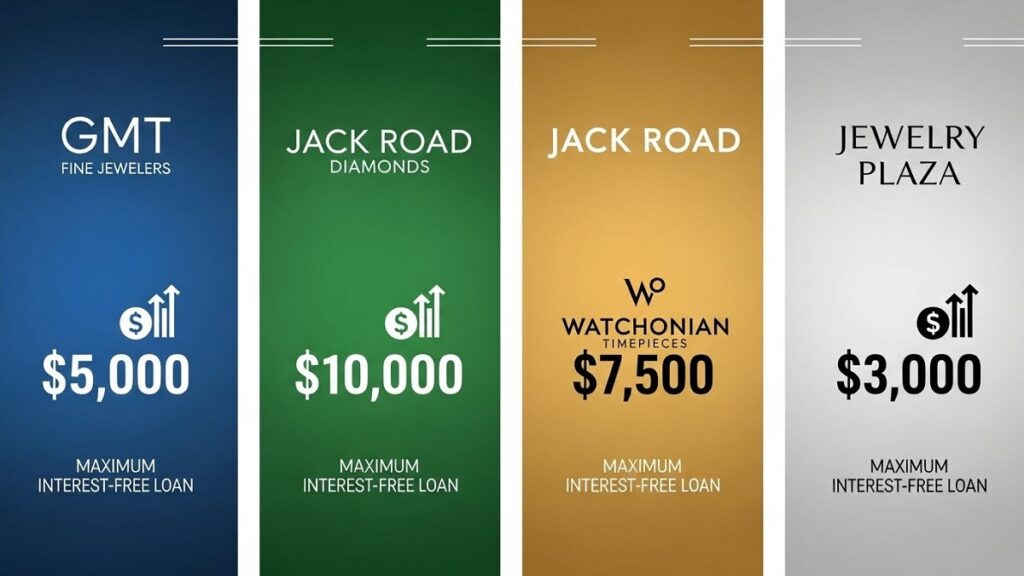 GMT、ジャックロード、ウォッチニアン、宝石広場の各店舗における無金利ローンの最大回数比較イメージ