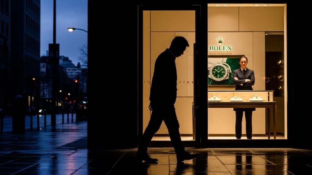 店員に冷たくあしらわれ、肩を落として正規店を後にするアジア人男性のシルエット。精神的な疲弊（塩対応のストレス）を表現。