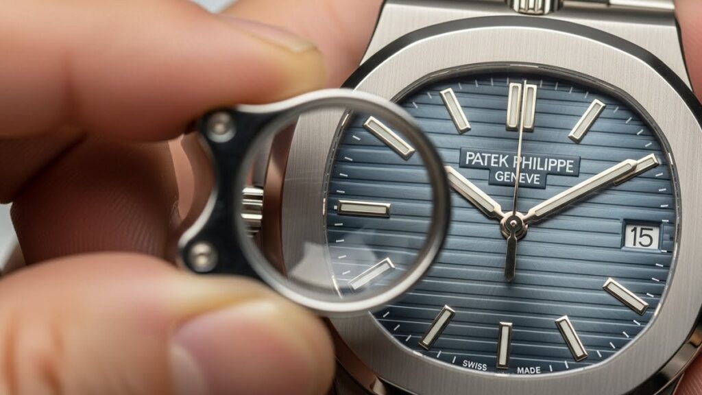 ルーペを使ってパテックフィリップ ノーチラス 5711の文字盤や針の細部を観察している日本人の手元の写真。真贋を見分けるためのポイントを強調