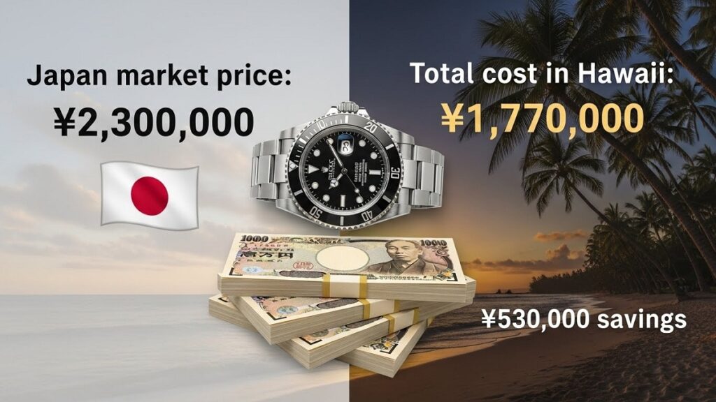 ロレックス サブマリーナーの価格比較を示す画像。左側は「日本の並行相場 ¥2,300,000」、右側は「ハワイ総コスト ¥1,770,000」と表示され、その差額「¥530,000のお得」が現金の束で示されている。