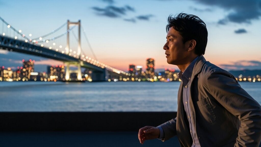 関門海峡と橋を背景に、対岸の都市を見つめながら期待を持って移動する日本人男性の横顔、小倉への買い物をイメージ