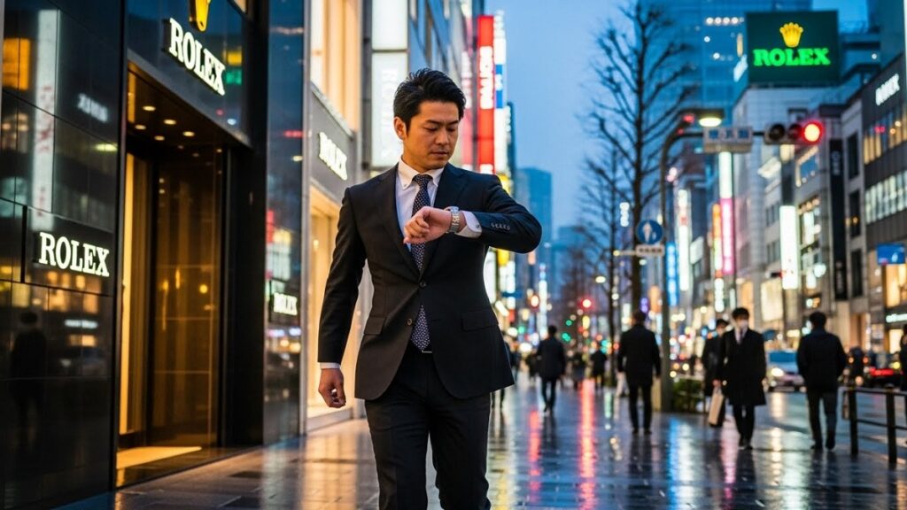 銀座の街を腕時計を見ながら足早に歩くスーツ姿の日本人男性。ロレックス正規店巡り(マラソン)の様子。