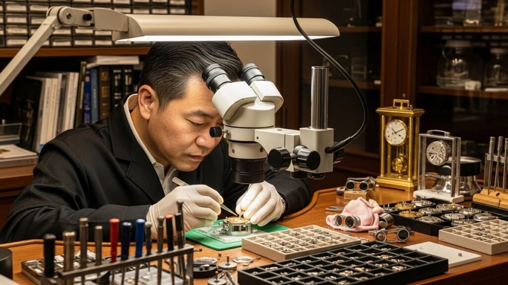 熟練の日本人時計師が、キズミ（ルーペ）を装着してロレックスの精密なムーブメントを慎重にメンテナンスしている様子