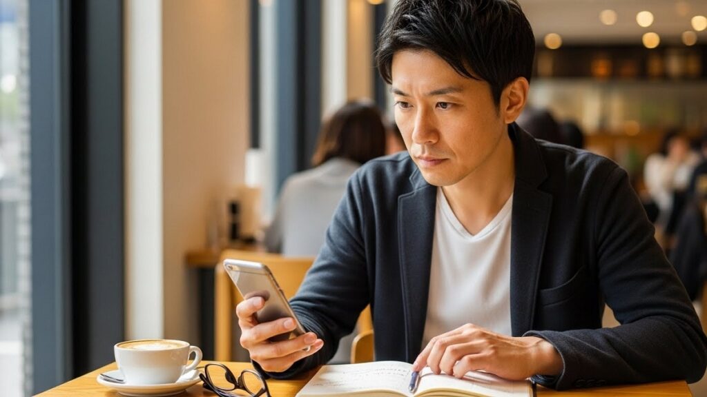 カフェでスマートフォンや手帳を見ながら、真剣な表情で購入計画やスケジュールの期間を確認している日本人男性