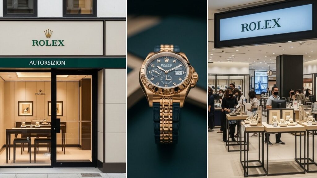 ロレックス正規店の路面店ブティック(左)と百貨店インショップ(右)の外観と内観の比較写真。