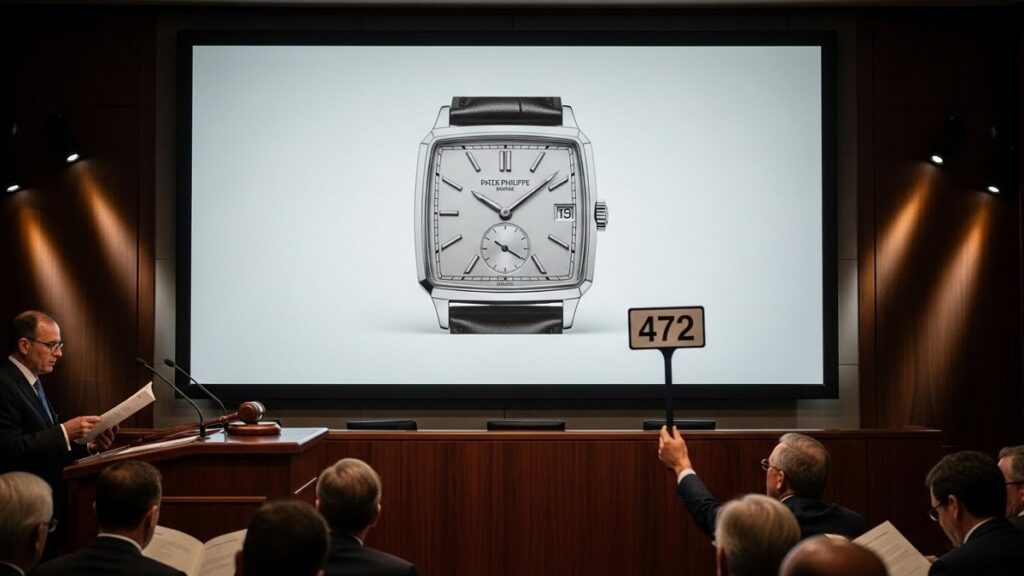 高級時計オークションの会場で、パテック フィリップの希少なスクエアモデルがスクリーンに映し出され、入札が行われている様子