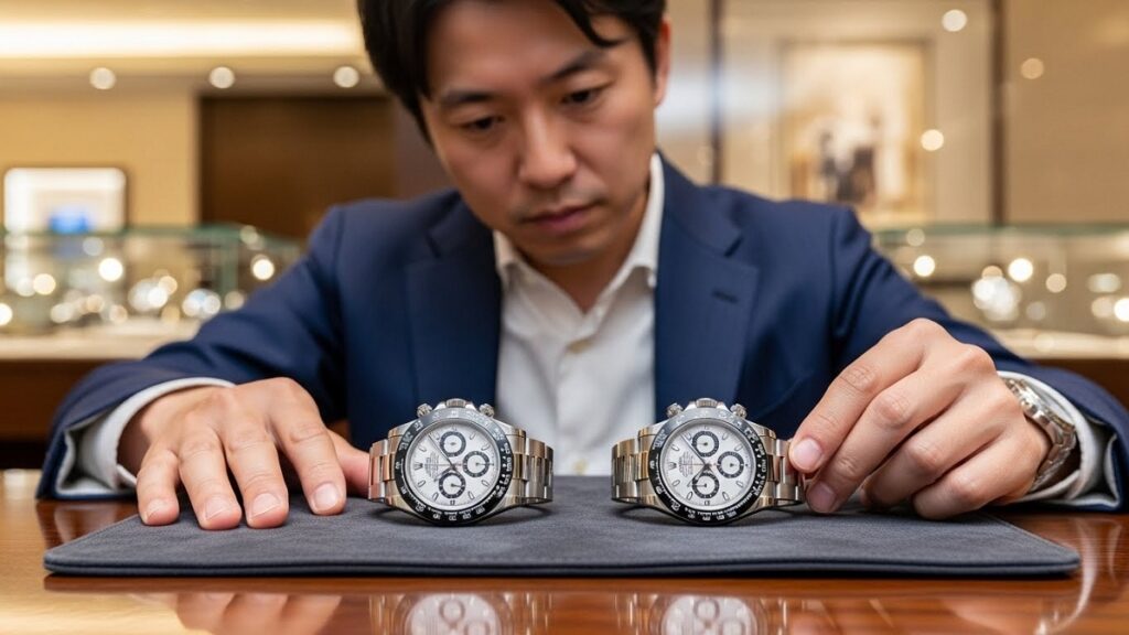 日本人の男性が、ロレックス デイトナ パンダの新型Ref.126500LNと旧型Ref.116500LNを並べて比較している様子