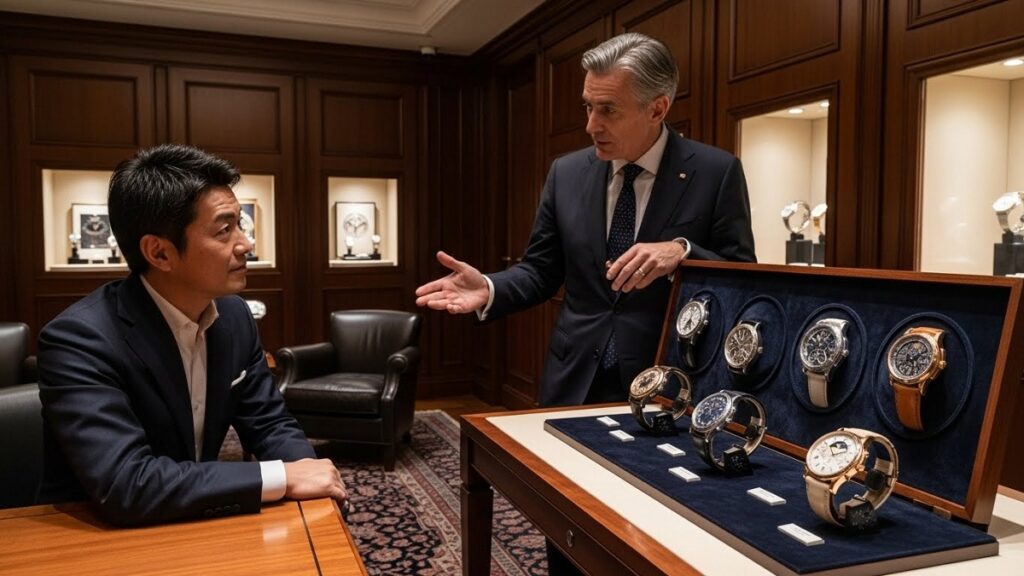 高級腕時計店のVIPルームで、店員から希少モデルの案内を受けるスーツ姿の日本人男性。特Aランク店舗の体験。