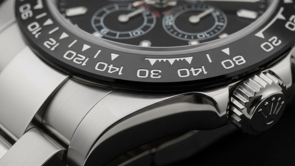 新型ロレックス デイトナ Ref.126500LNのセラミックベゼルと、その外周にあるステンレススチールのメタルフレームを強調した写真