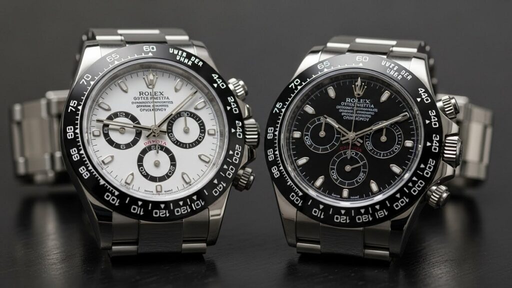 ロレックス デイトナの白文字盤(パンダ)と黒文字盤のモデルが並んでおり、白文字盤の視覚的な存在感が際立っている様子