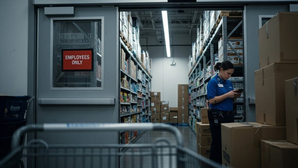 正規店の店員が在庫確認のためにバックヤードへ向かう瞬間。顧客視点での緊張感ある写真。