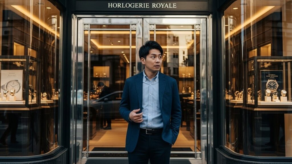 高級時計店の入り口で入店を前に緊張と期待の表情を浮かべる日本人男性