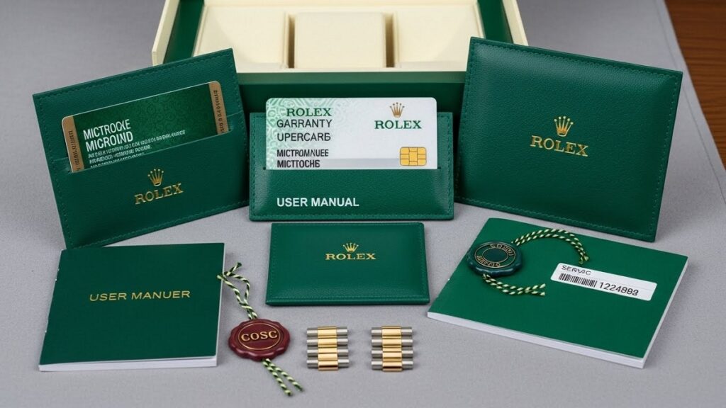 ロレックス デイトナの箱、保証書、余りコマ、タグなどの付属品が全て揃った状態で綺麗に保管されている様子