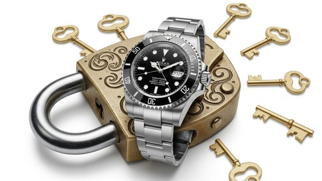 2025年のロレックス正規店における全モデル購入制限ルールを象徴する、ロックされた時計のイラスト。