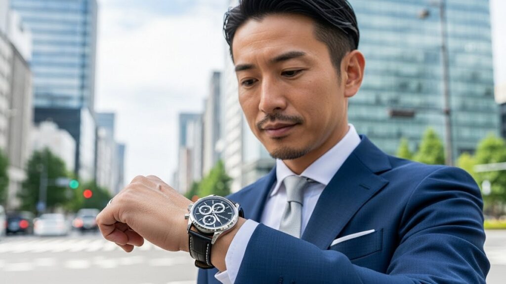 都会的な背景で高級クロノグラフ腕時計を着用し、充実した表情を浮かべる40代の日本人男性