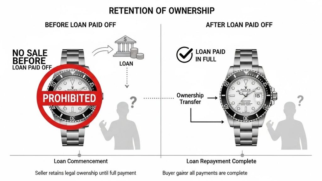 ローン完済前後におけるロレックスの所有権の所在と、完済前の売却禁止を示す「所有権留保」の概念図