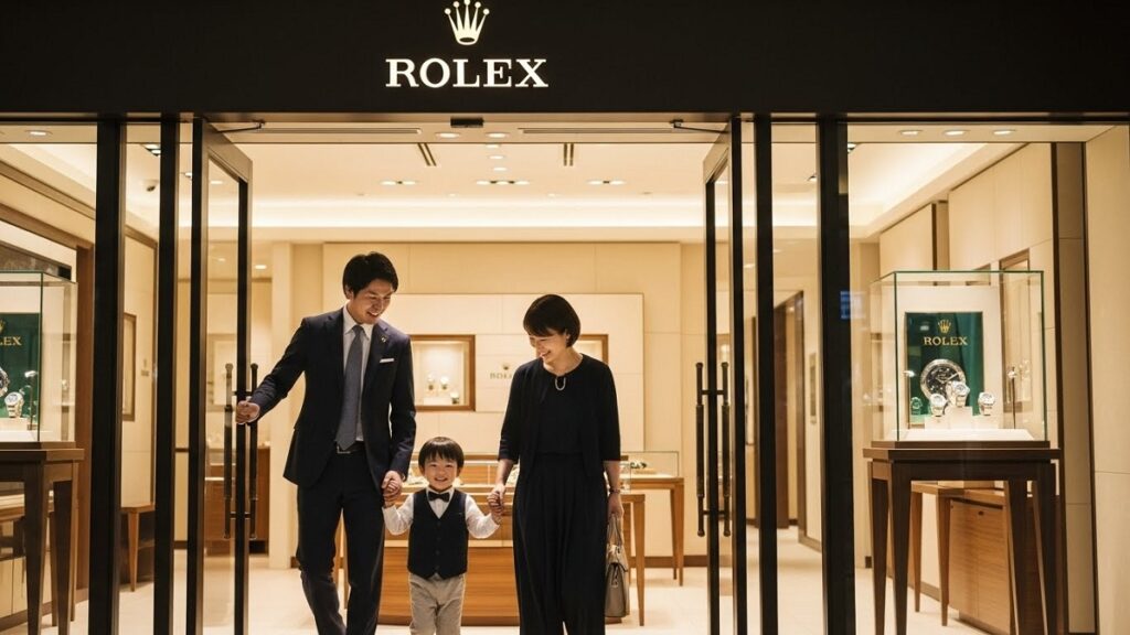 ロレックス正規店の前で、身だしなみを整えた日本人夫婦と子供が笑顔で入店しようとしている様子。家族同伴による信頼感の向上を表現。