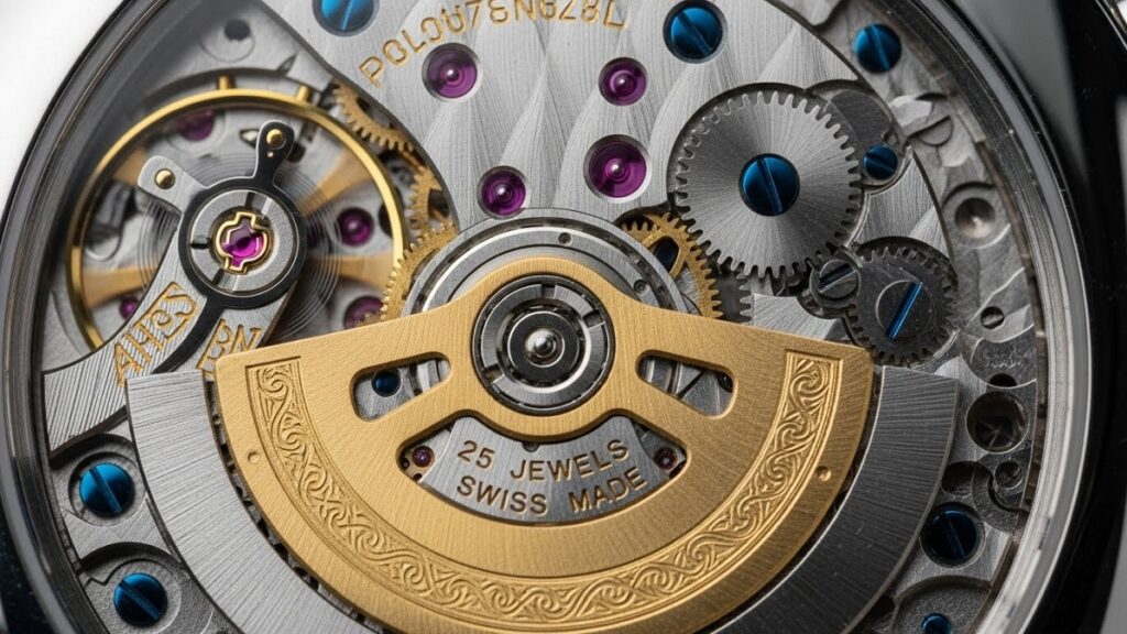 サファイアクリスタルのシースルーバックから見える機械式時計の精緻なムーブメントとゴールドローターのクローズアップ