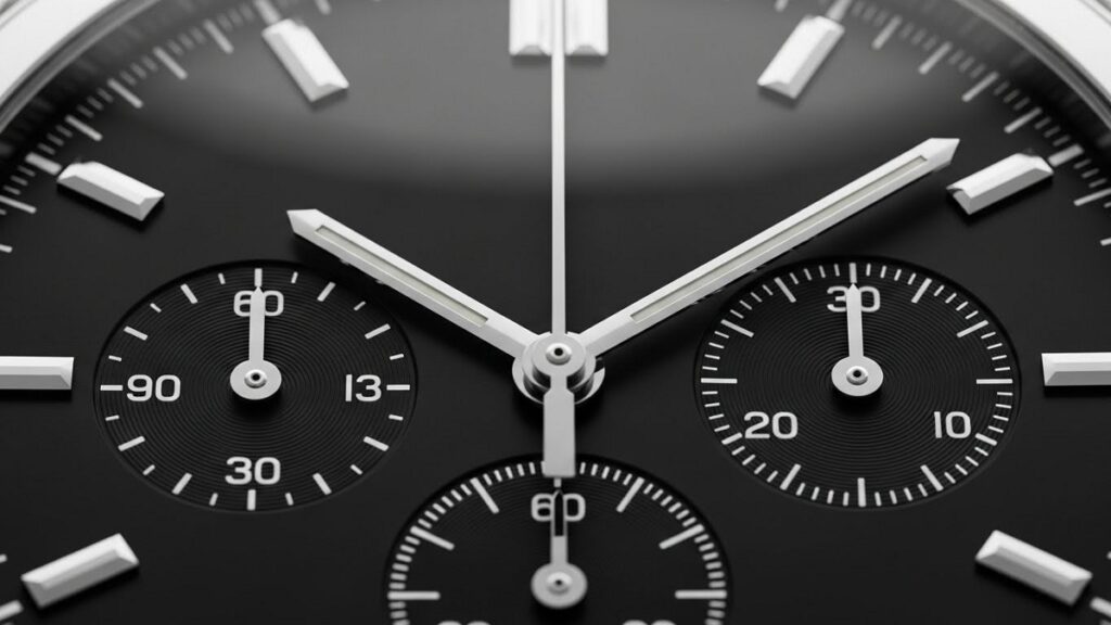 黒い文字盤に白いインダイアルが配置された逆パンダダイアルと、特徴的なスクエア型マーカーの拡大写真