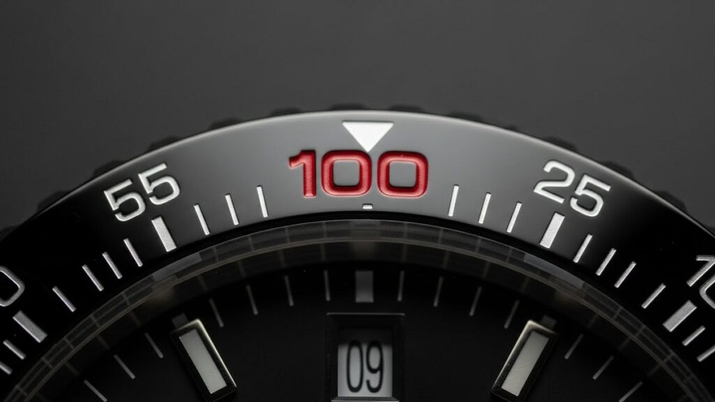 黒いセラミックベゼル上で「100」の数字だけが赤く着色されたタキメーターの極度拡大画像