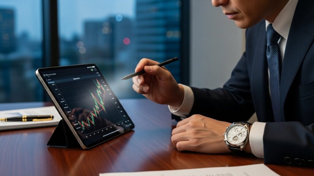 上昇トレンドを示すグラフが表示されたタブレットを分析するスーツ姿の日本人投資家とデスク上の高級時計