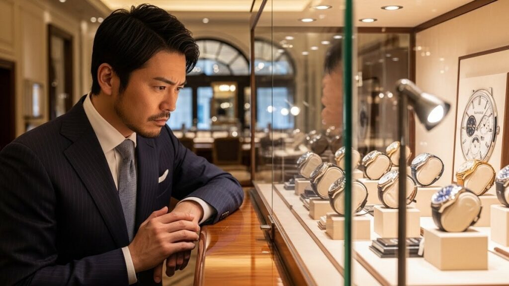 高級時計店のショーケースに並ぶ腕時計を、真剣な眼差しで検討しているスーツ姿の日本人男性