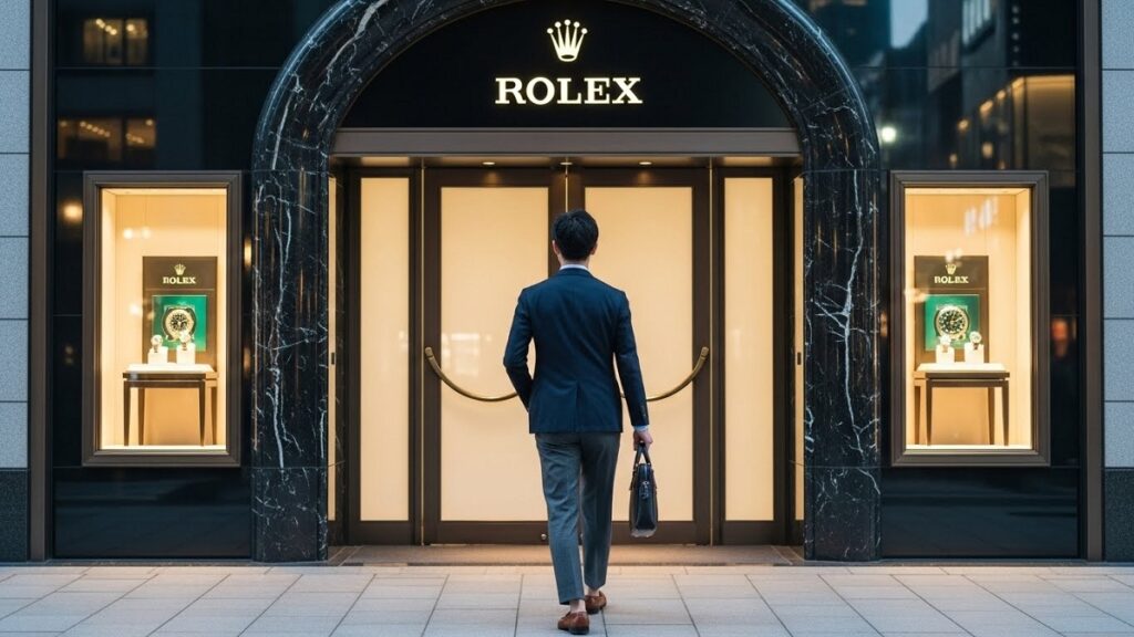 高級時計店の洗練されたエントランスに向かって歩く、スマートカジュアルな服装の日本人男性の後ろ姿