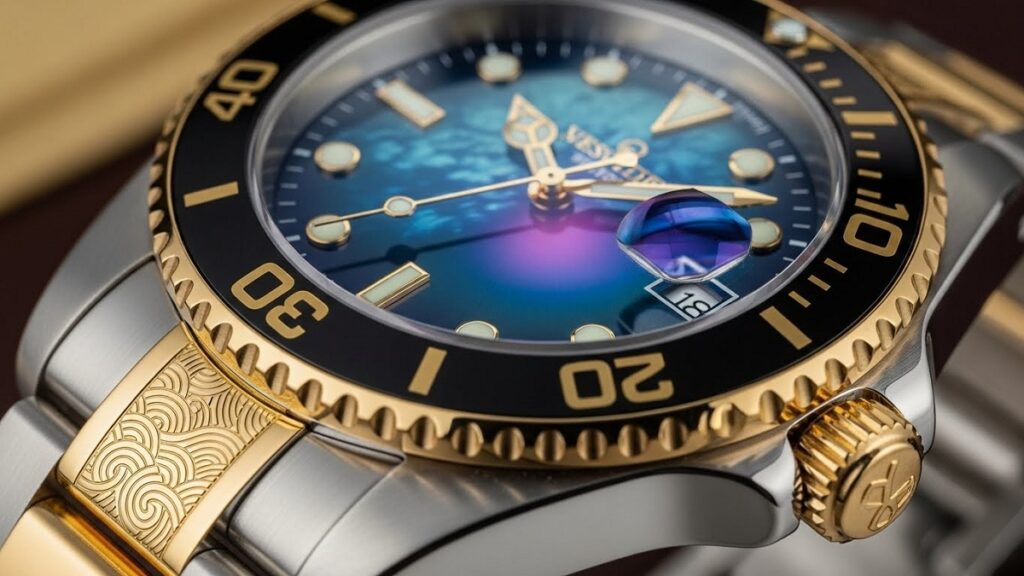 クローズアップされた高級ダイバーズウォッチのステンレススチールとゴールドの輝き。2025年の価格改定後も揺るがない資産価値と重厚感をイメージ