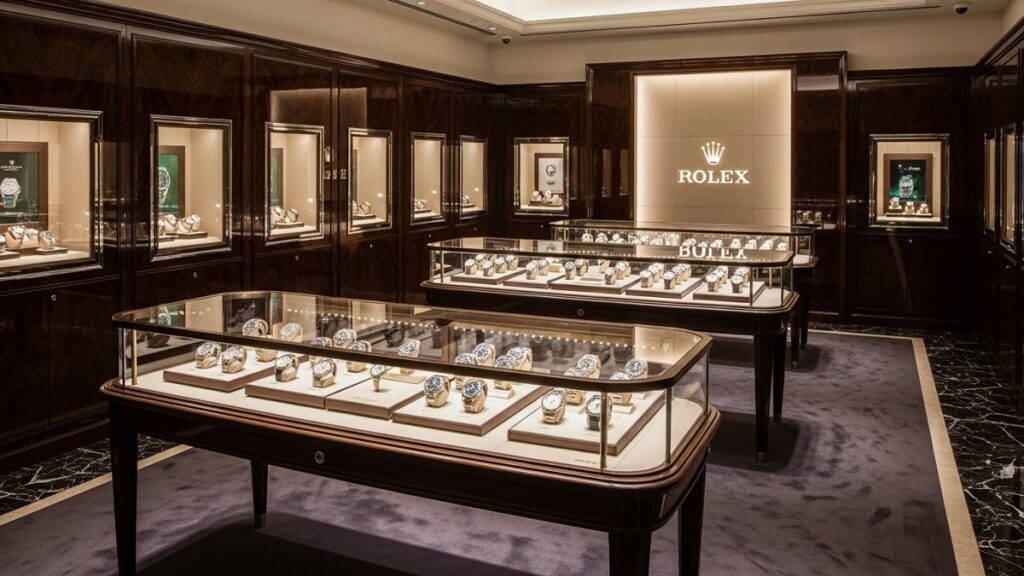 高級感あふれるロレックス正規販売店の洗練された内観とショーケース