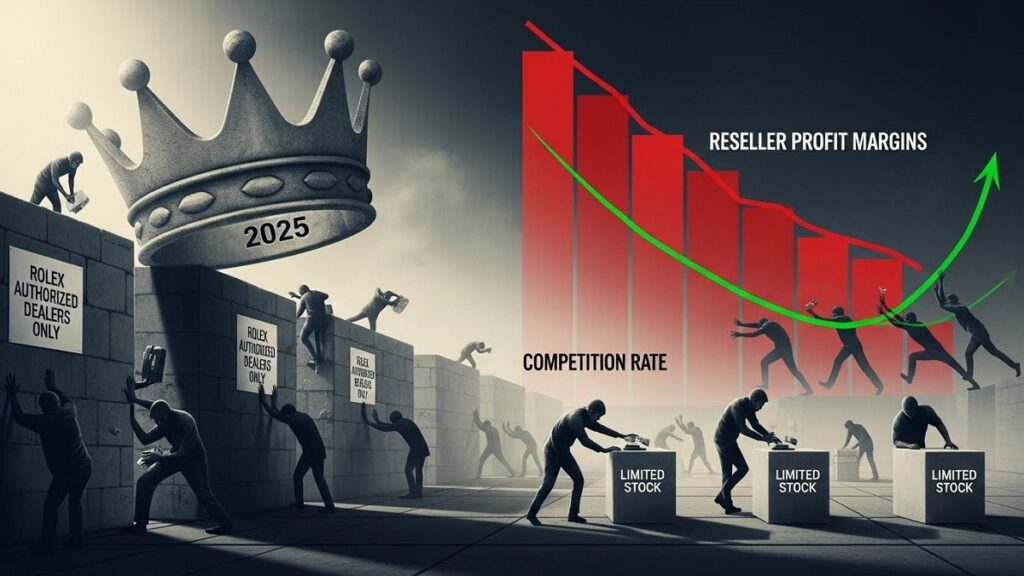 2025年のロレックス購入制限新ルールが市場の転売屋と競争率に与える影響を示す概念図。