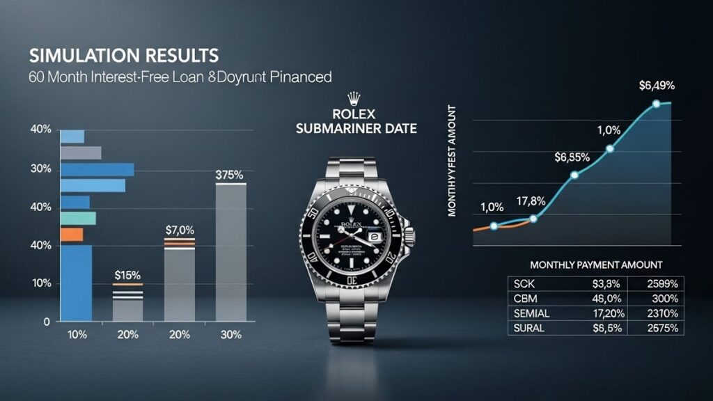 ロレックス サブマリーナ デイトの60回無金利ローンにおける月々の支払額と、頭金有無によるシミュレーション結果